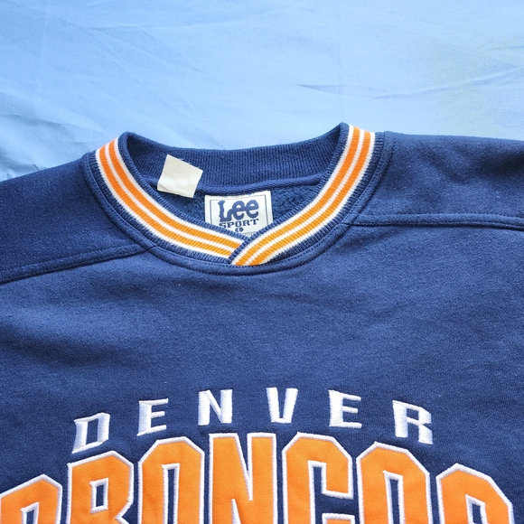 VTG LEE SPORT NFL DENVER BRONCOS FLEECE LINED PULLOVER SWEATER BLUE/ORANGE LARG - Picture 4 of 15